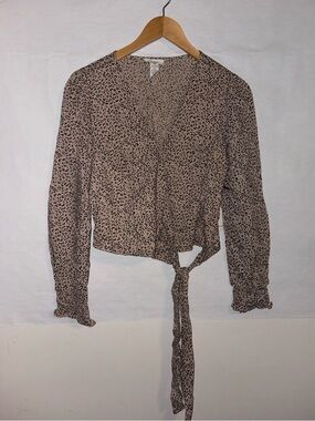 Japna Leopard Print Tie Front Crop Top Medium Long Sleeve Blouse